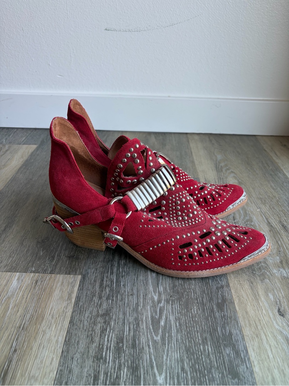 Jeffrey Campbell Calhoun Red Suede Studded Women's Ankle Boots